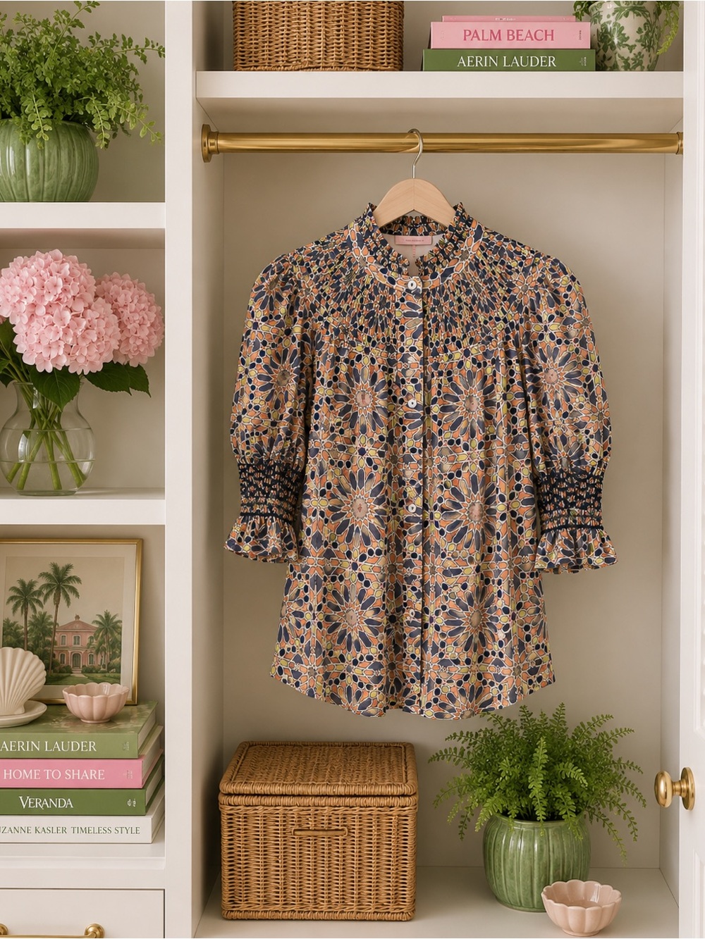 Andion Printed Smocked Sleeve Blouse in Navy and Tan